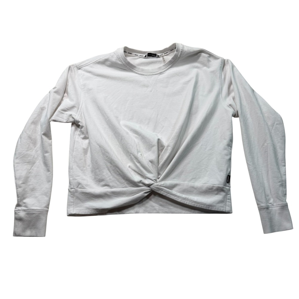 DKNY Sport Womens White Twist Front Long Sleeve Crewneck Sweatshirt Medium #217